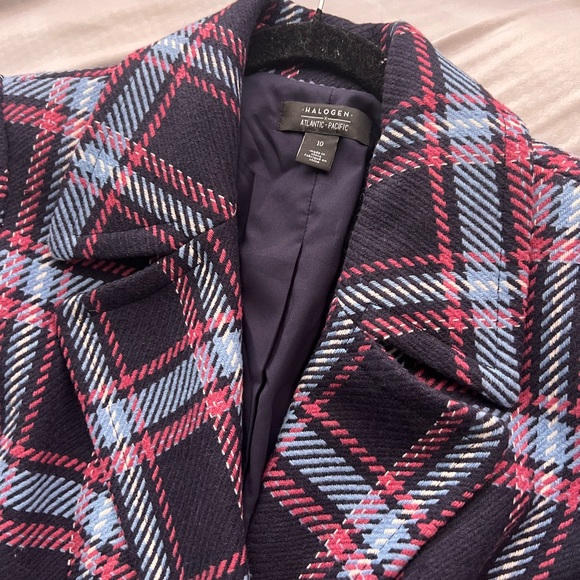 NWT Halogen Navy & Pink Long Plaid Coat | Halogen x Atlantic-Pacific - Picture 3 of 9